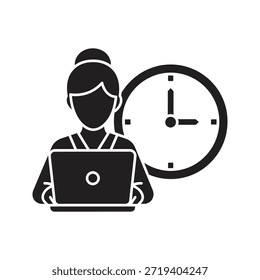 Office hours woman solid black vector icon isolated white background working time schedule deadline symbol graphic design illustration