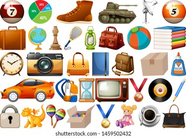 Office, household, toys and sport, equipment isolated in huge set illustration