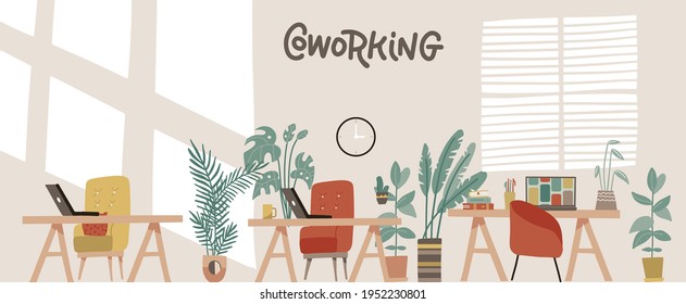 Office with houseplants . Coworking workspace interior design in Scandinavian style. Workers desks with modern chairs. Laptops and potted plants flat vector illustration.