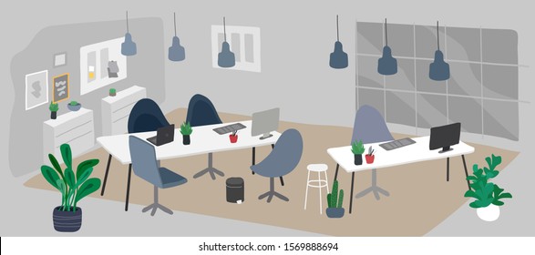 Office with houseplants vector illustration . Coworking workspace interior design in nordic or Scandinavian style. Workers desks with rolling chairs. Laptops and potted plants