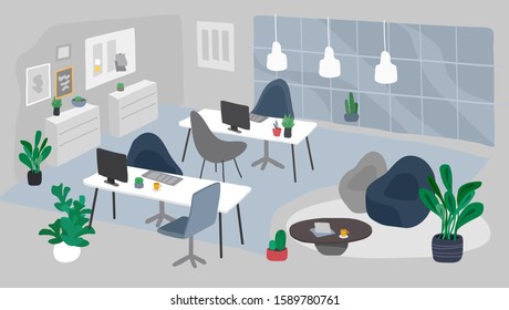Office with houseplants vector illustration . Coworking workspace interior design in nordic or Scandinavian style. Workers desks with rolling chairs. Laptops and potted plants
