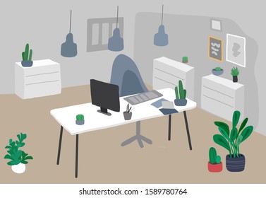 Office with houseplants vector illustration . Coworking workspace interior design in nordic or Scandinavian style. Workers desks with rolling chairs. Laptops and potted plants
