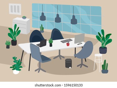 Office with houseplants vector illustration . Coworking workspace interior design in nordic or Scandinavian style. Workers desks with rolling chairs. Laptops and potted plants