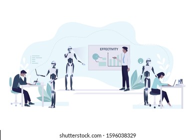 Office human and robot workers. Robot character help man and woman in business. Teamwork with robot. Cyborg in office life. Futuristic business process idea. Vector illustration in cartoon style