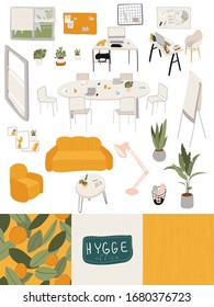 Office in hygge style, furniture and accessories for cozy workplace, vector illustration. Scandinavian lifestyle philosophy, comfortable workspace. Isolated hand drawn office furniture in hygge style