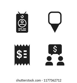 office icon. 4 office vector icons set. id card, invoice and two persons talking about money icons for web and design about office theme