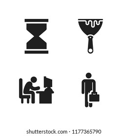 office icon. 4 office vector icons set. businessman, man typing on computer desk and sand clock icons for web and design about office theme