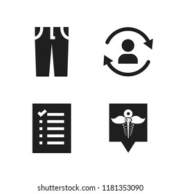 office icon. 4 office vector icons set. pharmacy location, trousers and refresh user sign icons for web and design about office theme
