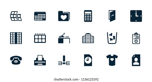 Office icon. collection of 18 office filled icons such as desk phone, medical clipboard, printer, t-shirt with heart, wall clock. editable office icons for web and mobile.