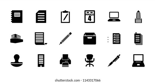 Office icon. collection of 18 office filled icons such as building, notepad, laptop, paper, document, documents box. editable office icons for web and mobile.