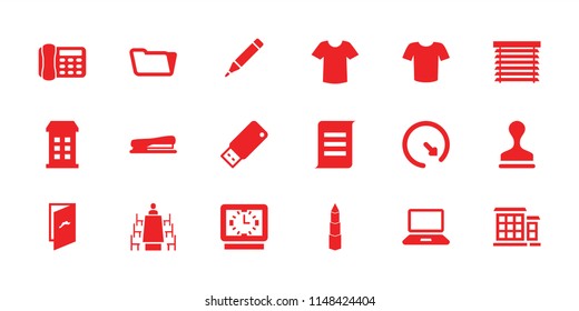 Office icon. collection of 18 office filled icons such as building, t-shirt, stamp, folder, document, stapler, usb drive. editable office icons for web and mobile.