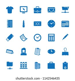 Office icon. collection of 25 office filled icons such as t-shirt, binder, display, love letter, folder, case, paper clamp. editable office icons for web and mobile.