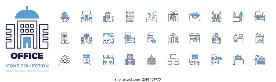 Office icon collection. Bold line style. Duotone colors. briefcase, building, architectonic, desk, corporate, office, post office, workplace, ticket office, in person, headquarters, maintenance, block