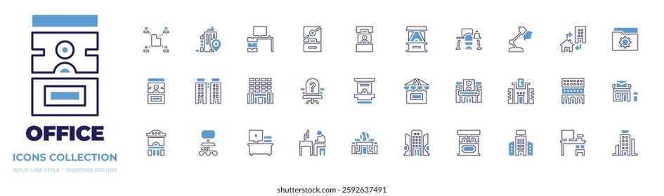 Office icon collection. Bold line style. Duotone colors. lamp, desk, telecommuting, folder, office, shared, police station, tax, chair, ticket, post office, table, building.