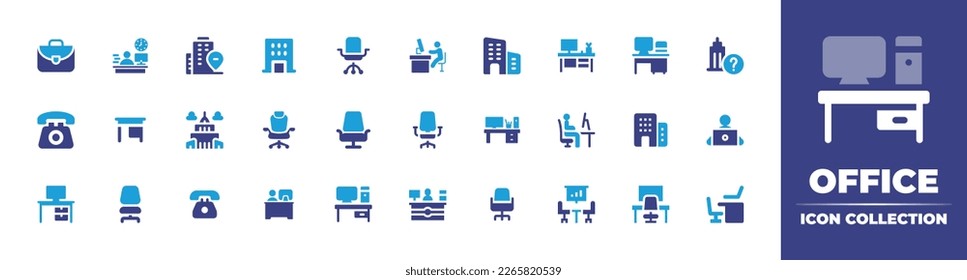 Office icon collection. Duotone color. Vector illustration. Containing briefcase, workspace, office building, office, chair, workplace, business and trade, desk, question mark, landline, table.