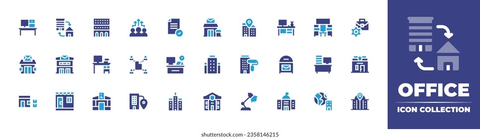 Office icon collection. Duotone color. Vector illustration. Containing desk, post office, office, offices, maintenance, government, police station, lamp, meeting room, portfolio, file, overwork.