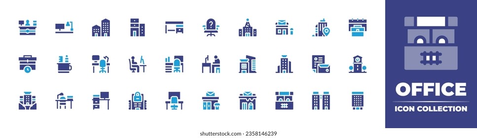 Office icon collection. Duotone color. Vector illustration. Containing working at home, workplace, office, business, desk, coworking space, work time, pencil case, post office, office chair, ticket.