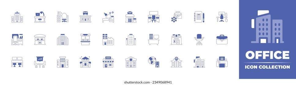 Office icon collection. Duotone style line stroke and bold. Vector illustration. Containing corporate, office, post, meeting, room, portfolio, material, workplace, ticket, factory, offices, and more.