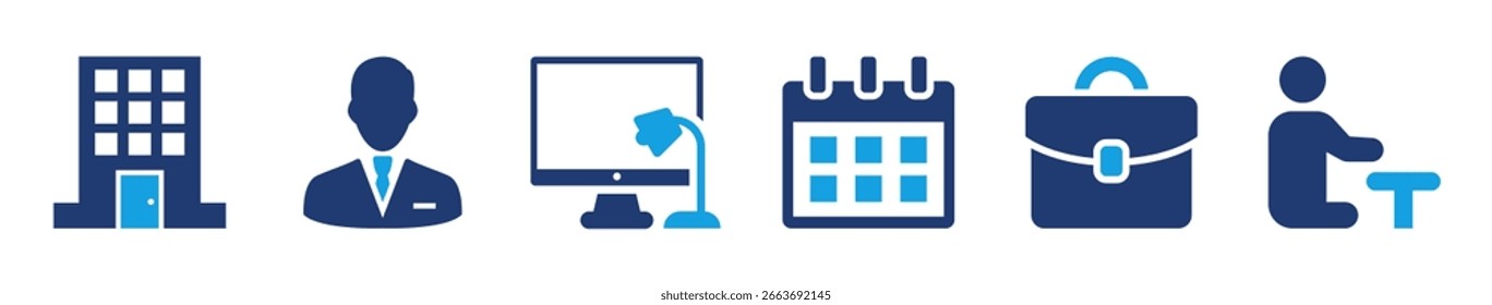 Office icon collection including building, employee, desktop workspace, calendar, briefcase, and working posture in professional solid style
