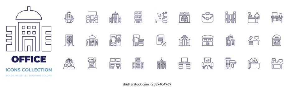 Office icon collection. Line style. Editable stroke. briefcase, building, architectonic, desk, corporate, office, post office, workplace, ticket office, in person, headquarters, maintenance, block.