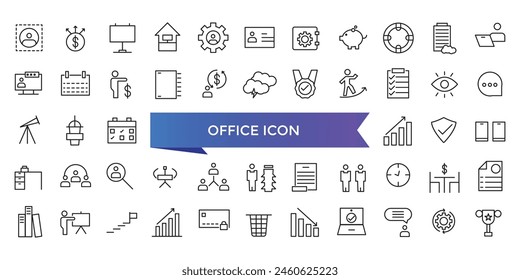 Office icon collection. Related to briefcase, desk, computer, meeting, employee, schedule and co-worker symbol. Line workspace icons vector set.