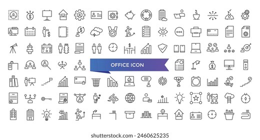 Colección de iconos de Office. Relacionado con maletín, escritorio, computadora, reunión, empleado, horario y símbolo de compañero de trabajo. Conjunto de Vectores de iconos de área de trabajo de línea.