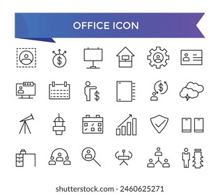 Office icon collection. Related to briefcase, desk, computer, meeting, employee, schedule and co-worker symbol. Line workspace icons vector set.