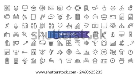 Office icon collection. Related to briefcase, desk, computer, meeting, employee, schedule and co-worker symbol. Line workspace icons vector set.