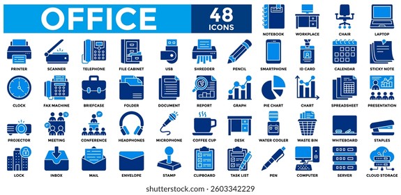 Office icon collection set. Containing document, computer, workplace, desk, meeting, laptop, printer, chair icon.Simple flat vector illustration.