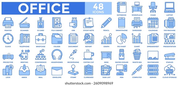 Office icon collection set. Containing document, computer, workplace, desk, meeting, laptop, printer, chair icon.Simple blue vector illustration.