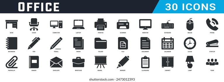 Conjunto de diseño de iconos de Office, paquete de iconos planos de Office, escritorio, silla, ordenador, portátil, impresora, escáner, monitor, teclado, ratón, teléfono