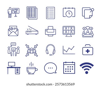 An Office Icon Pack, consist of 20 icons with blue color for your business, work, and office related project.