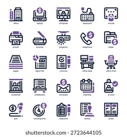 Office Icon pack for your website, mobile, presentation, and logo design. Office Icon dual tone design. Vector graphics illustration and editable stroke.