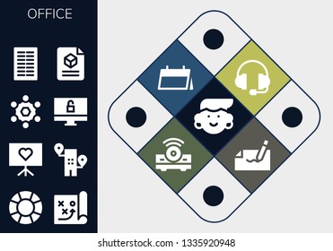 office icon set. 13 filled office icons.  Collection Of - Avatar, Support, Strategy, Presentation, Building, Team, Computer, Columns, 3d, Calendar, Projector, Autograph