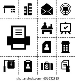 Office icon. set of 13 filled office icons such as building, money case, pointing on document, office desk, board, table, envelope, table lamp, printer, clock