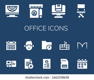 conjunto de iconos de oficina. 14 iconos de oficina rellenos.  Iconos modernos sencillos, como: Ordenador, Regulador, Presidente, Postal, Calendario, Documento, Hombre, Perfil, Carpeta, Tarjeta Sd, Teclado, Puertas