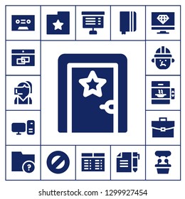  office icon set. 17 filled office icons.  Simple modern icons about  - Tape, Calendar, Call center, Dressing room, Computer, Architect, Elevator, Briefcase, Folder, Protractor