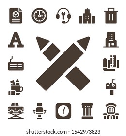 office icon set. 17 filled office icons.  Collection Of - 3d, Font, Keyboard, Pencils, Pencil case, Skyscraper, Plan, Mailbox, Elevator, Clock, Armchair, Customer support icons