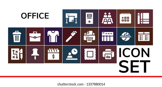 office icon set. 19 filled office icons.  Simple modern icons about  - Plotter, Trash, Strategy, Push pin, Calendar, Employee, Stamp, Print, Briefcase, Tshirt, Pen, Printer, Data table