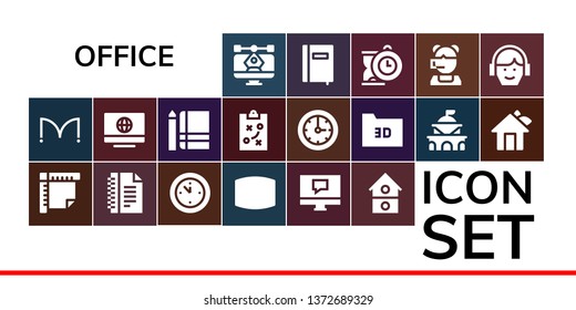office icon set. 19 filled office icons.  Collection Of - Vector, Doors, Ruler, Notes, Wall clock, Screen, Computer, House, Notebook, Strategy, Clock, Folder, Government, Call center