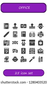  office icon set. 25 filled office icons. Simple modern icons about  - Agenda, Stamp, Elevator, Man, Pencil, Door, Notebook, Testing, Printer, Curriculum vitae, Projector, Presentation