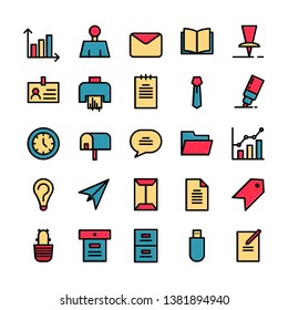 Office icon set. Set of 25 Filled Outline style icons such as mail,tie, book, ID card, chart, and document. Suitable for office or  bussiness theme - Vector Illustration