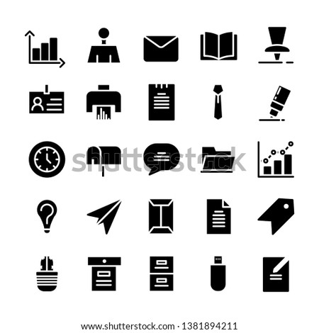Office icon set. Set of 25 Glyph style icons such as mail,tie, book, ID card, chart, and document. Suitable for office or  bussiness theme - Vector Illustration