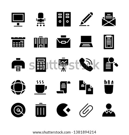 Office icon set. Set of 25 Glyph style icons such as mail,calculator, laptop, pencil, and document. Suitable for office or  bussiness theme - Vector Illustration