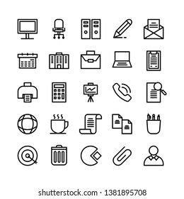 Office icon set. Set of 25 Outline style icons such as computer, pencil, bag, calculator, mail, calendar,or printer. Suitable for office, bussiness theme - Vector Illustration