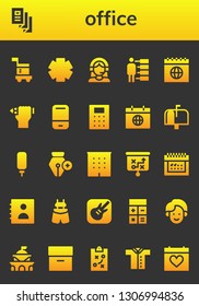 office icon set. 26 filled office icons.  Collection Of - Carrier, Trifold, Clinic, Customer support, People, Calendar, Pencil, Eraser, Calculator, Mailbox, Water dispenser, Pen