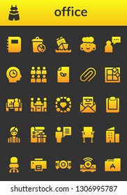 office icon set. 26 filled office icons.  Collection Of - Notebook, Suspenders, Trash, Calendar, Avatar, Supporter, Time, Team, Paper, Attachment, Clean window, Presentation, Conference