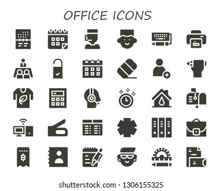 office icon set. 30 filled office icons.  Collection Of - Calendar, Call center, Avatar, Keyboard, Print, Meeting, Doorknob, Eraser, Add, Pencil, Tshirt, Calculator, Customer service