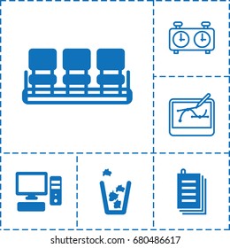 Office icon. set of 6 office filled and outline icons such as chair, trash bin, paper, pc, pen tool on tablet