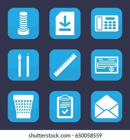 Office icon. set of 9 filled office icons such as business center building, ruler, trash bin, document, envelope, clipboard, file, desk phone